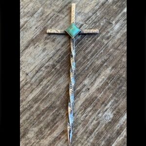 Intricate Silver and Turquoise Cross Hat Pin